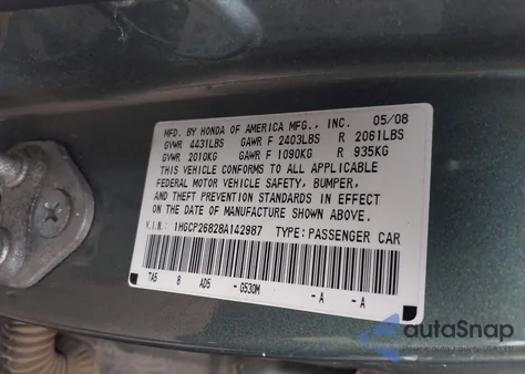 2008 Honda Accord 2.4 Ex-L from USA, damaged, VIN 1HGCP26828A142987